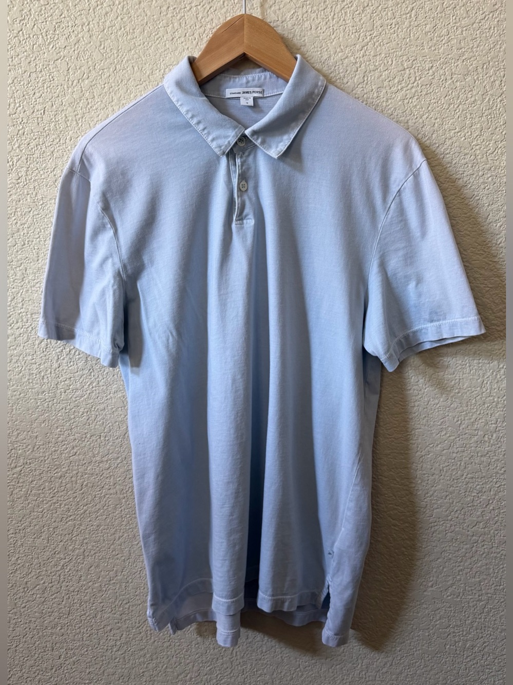 Standard James Perse Sz 2 US Medium Light Blue Washed Out Cotton Polo Shirt FLAW